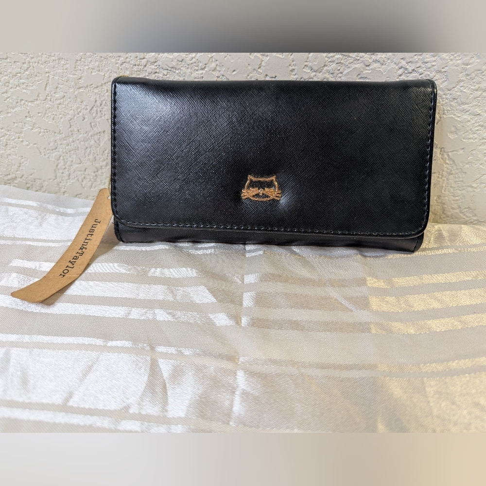 Justin & Taylor Wallet Black Golden Cat Face Button Snap Zipper Coin Purse Y2K